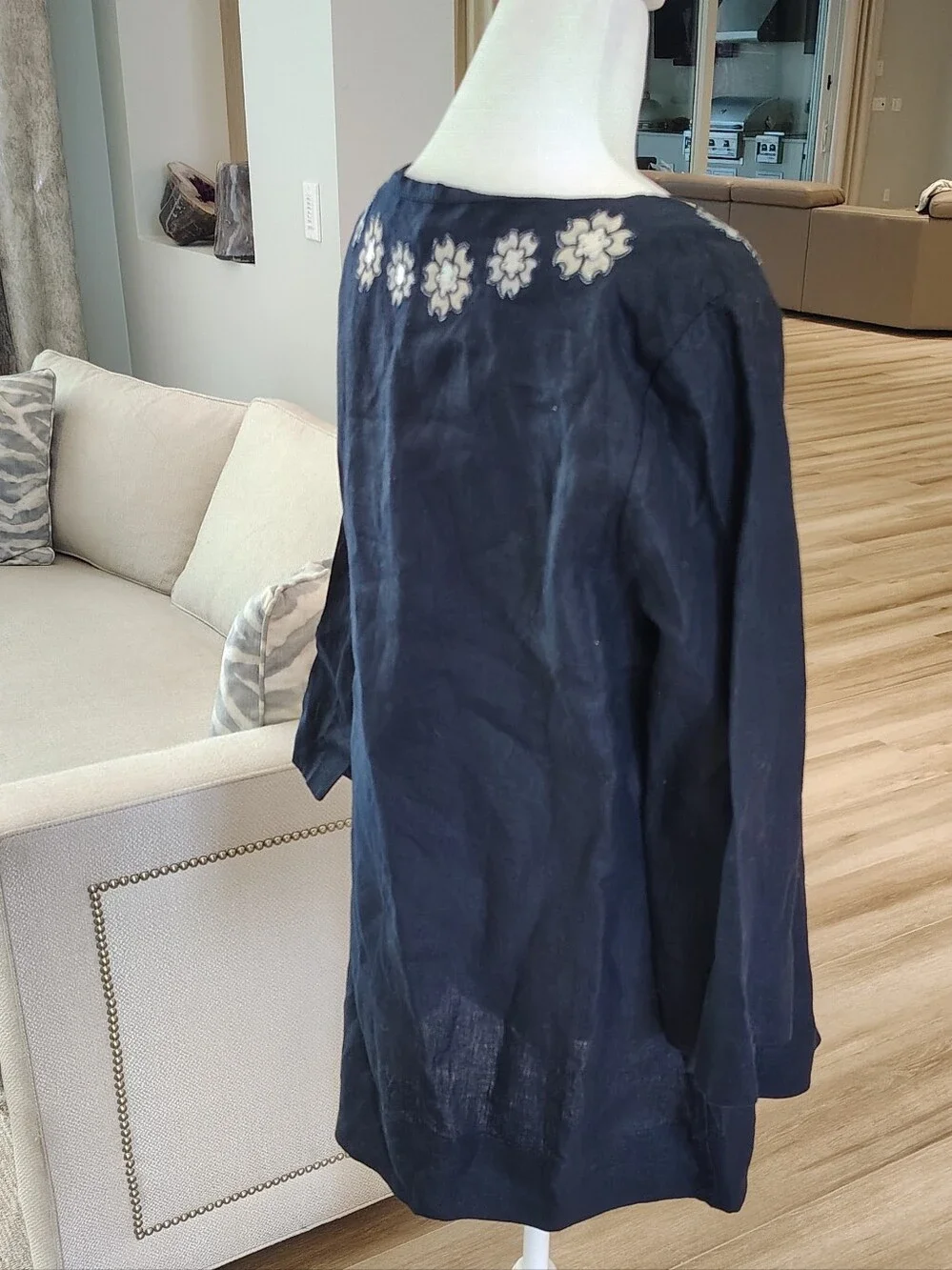 J. Crew Navy Linen Tunic with White Floral Embroidery